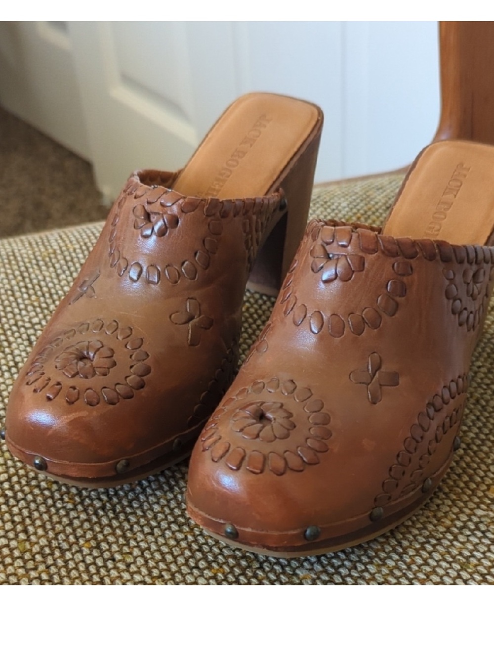 Jack Rogers Tan Embossed Leather Clog Mules Boho